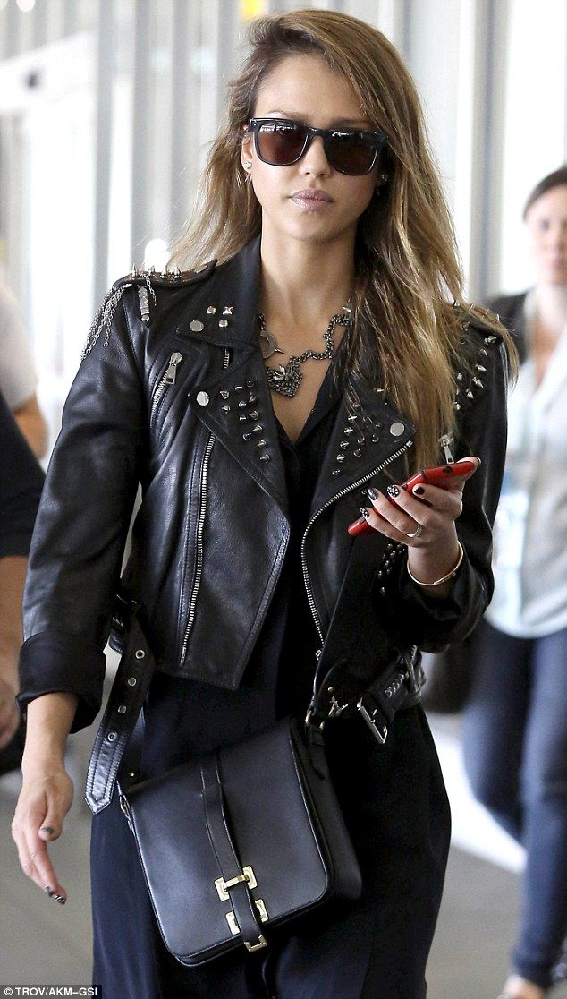 Jessica Alba Black Leather Studded Jacket