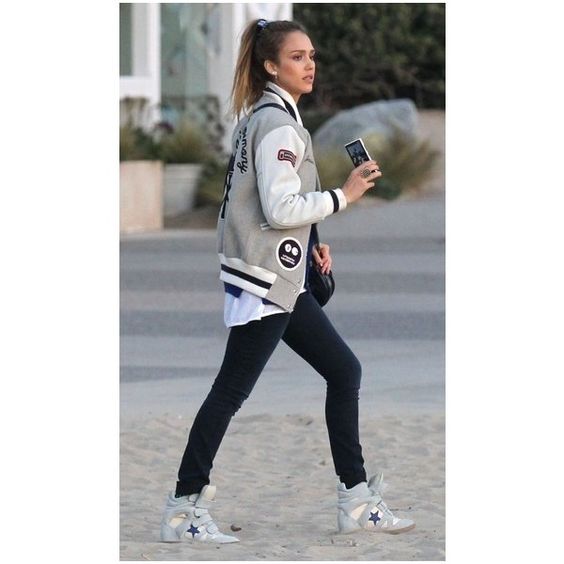 Jessica Alba Grey White And Black Varsity Jacket
