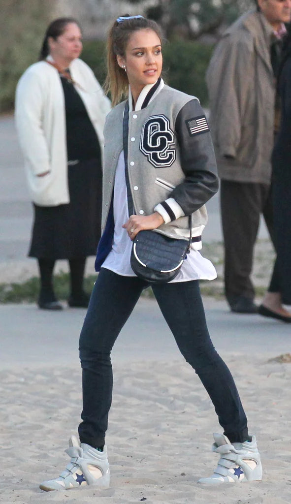 Jessica Alba Grey White And Black Varsity Jacket