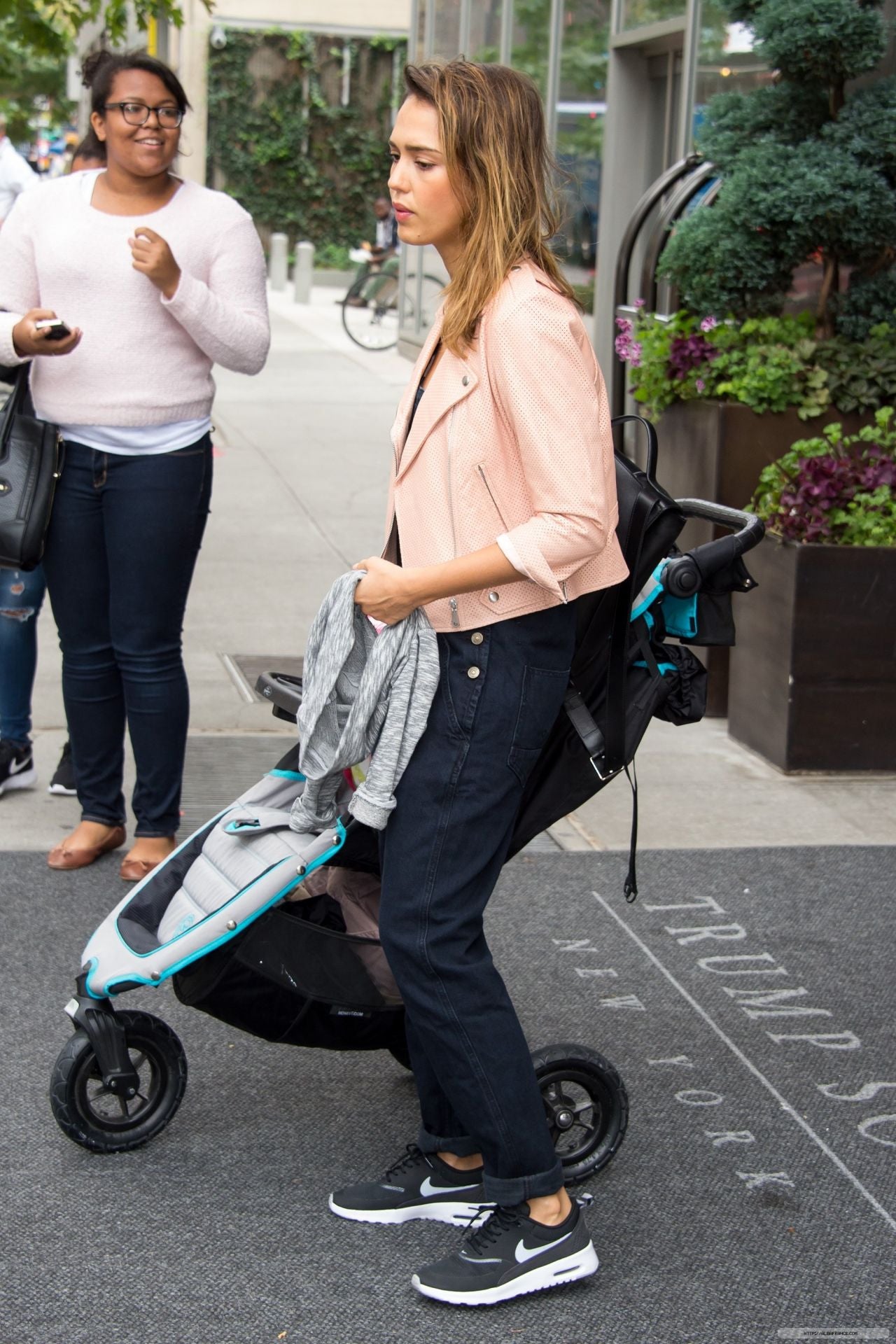 Jessica Alba Street Style Out In Nyc Pink Leather Jacket