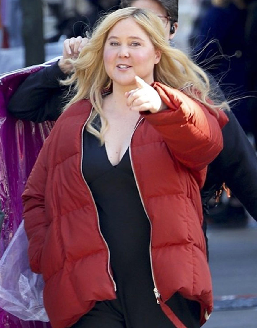 Kinda Pregnant 2025 Amy Schumer Red Puffer Hooded Jacket
