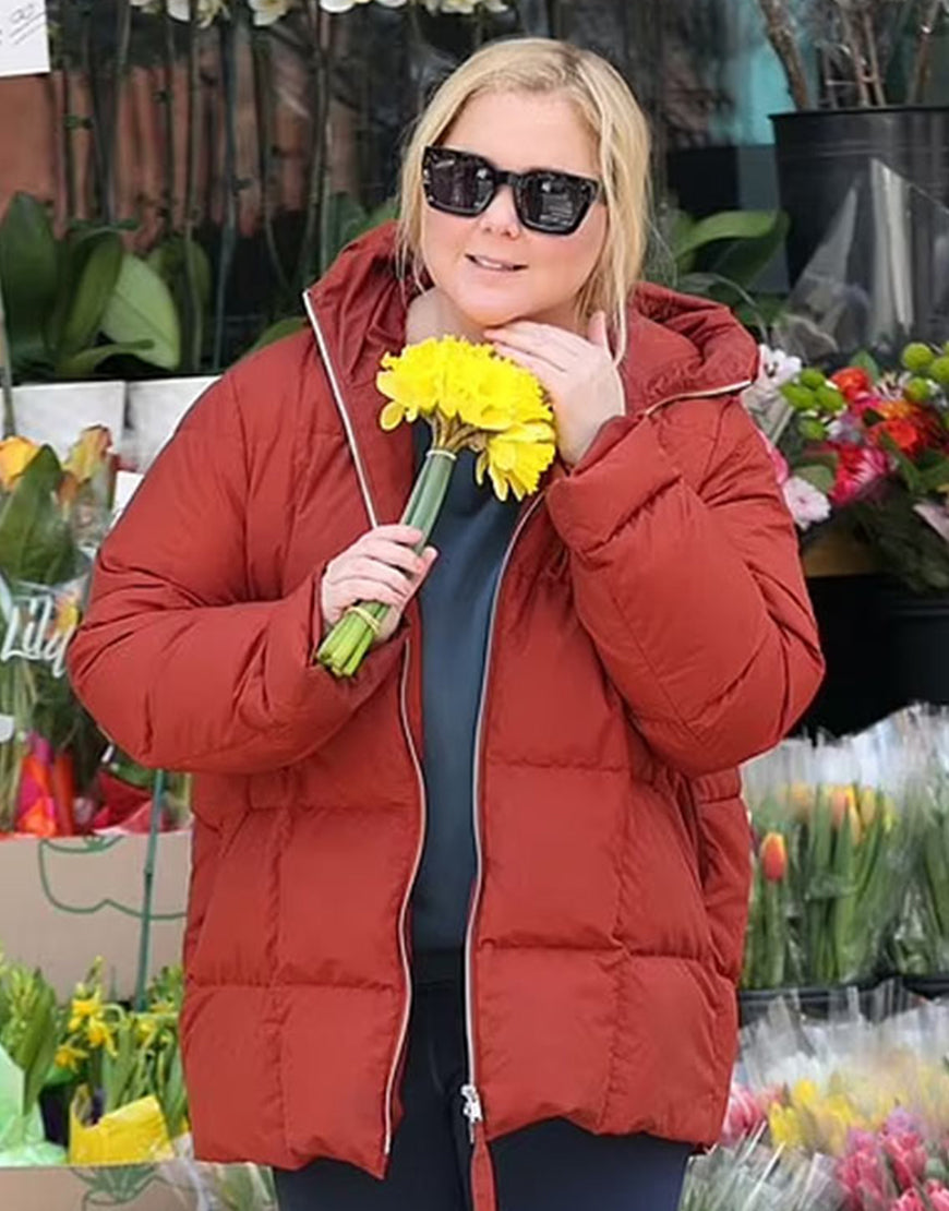 Kinda Pregnant 2025 Amy Schumer Red Puffer Hooded Jacket