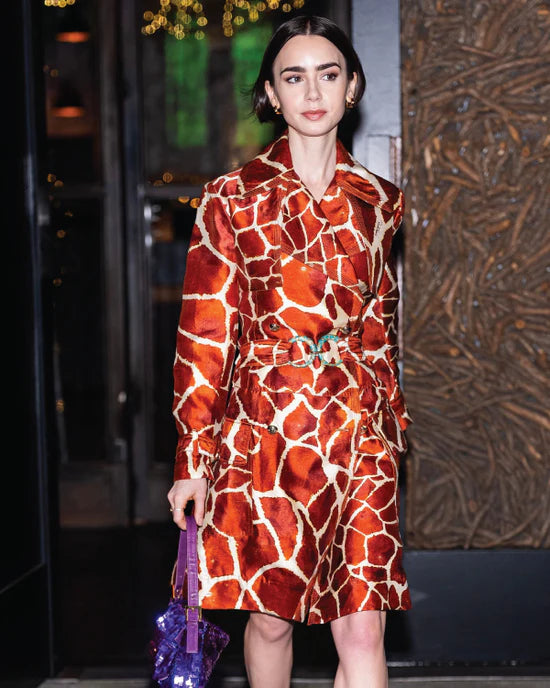 Lily Collins’ Orange Animal Print Coat