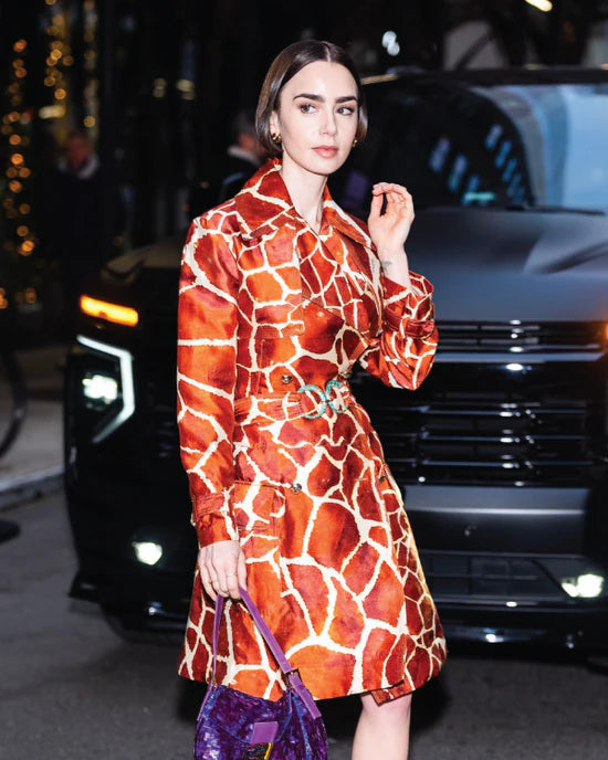 Lily Collins’ Orange Animal Print Coat