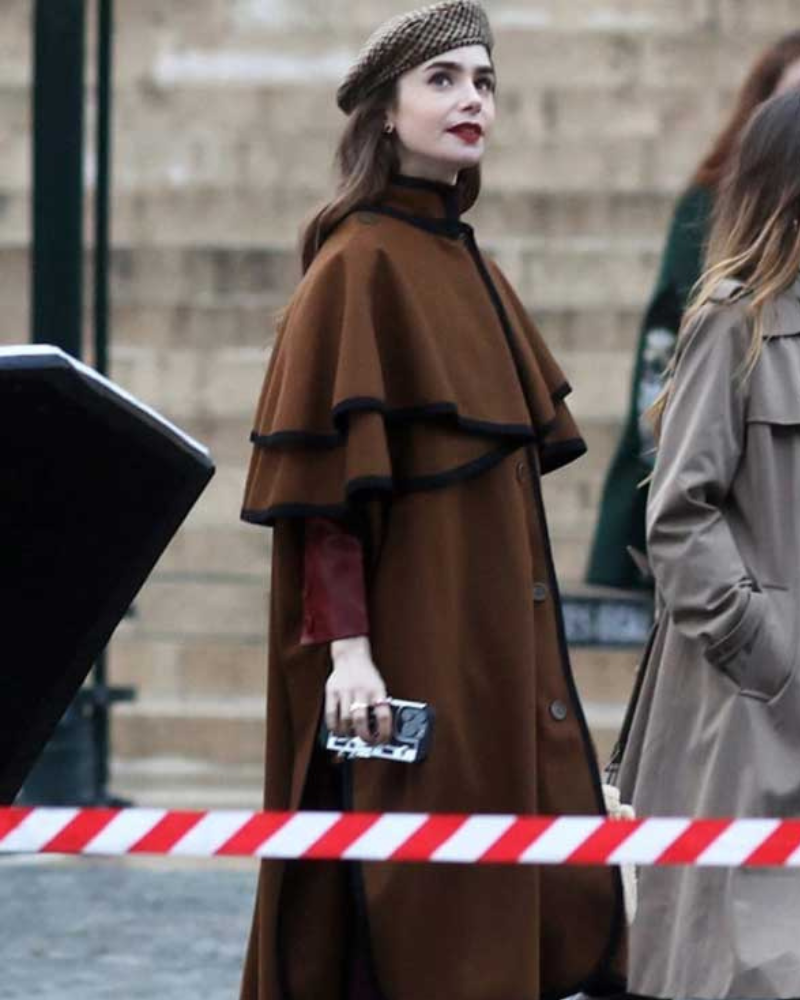 LilyCollinsEmilyInParisSeason4EmilyCooperCapeCoat