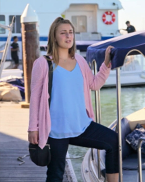 Love On The Spectrum S03 Abbey Lutes Pink Draped Cardigan