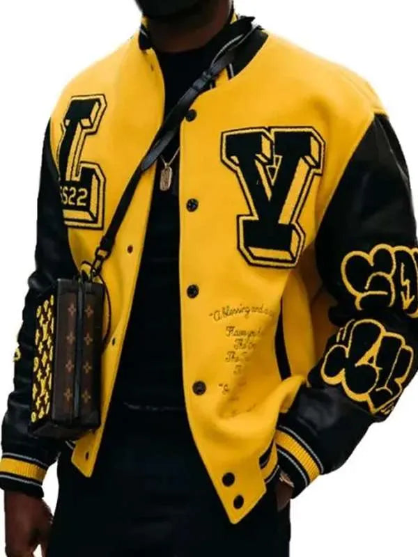 MenStreetStyleBlackandYellowVarsityLeatherJacket