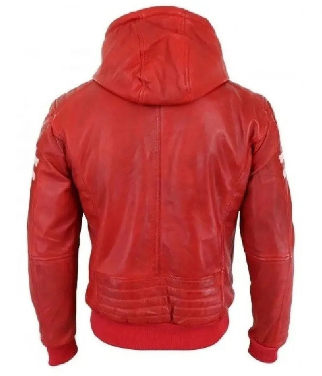 Men’s Bomber Red Leather Biker Hooded Jacket