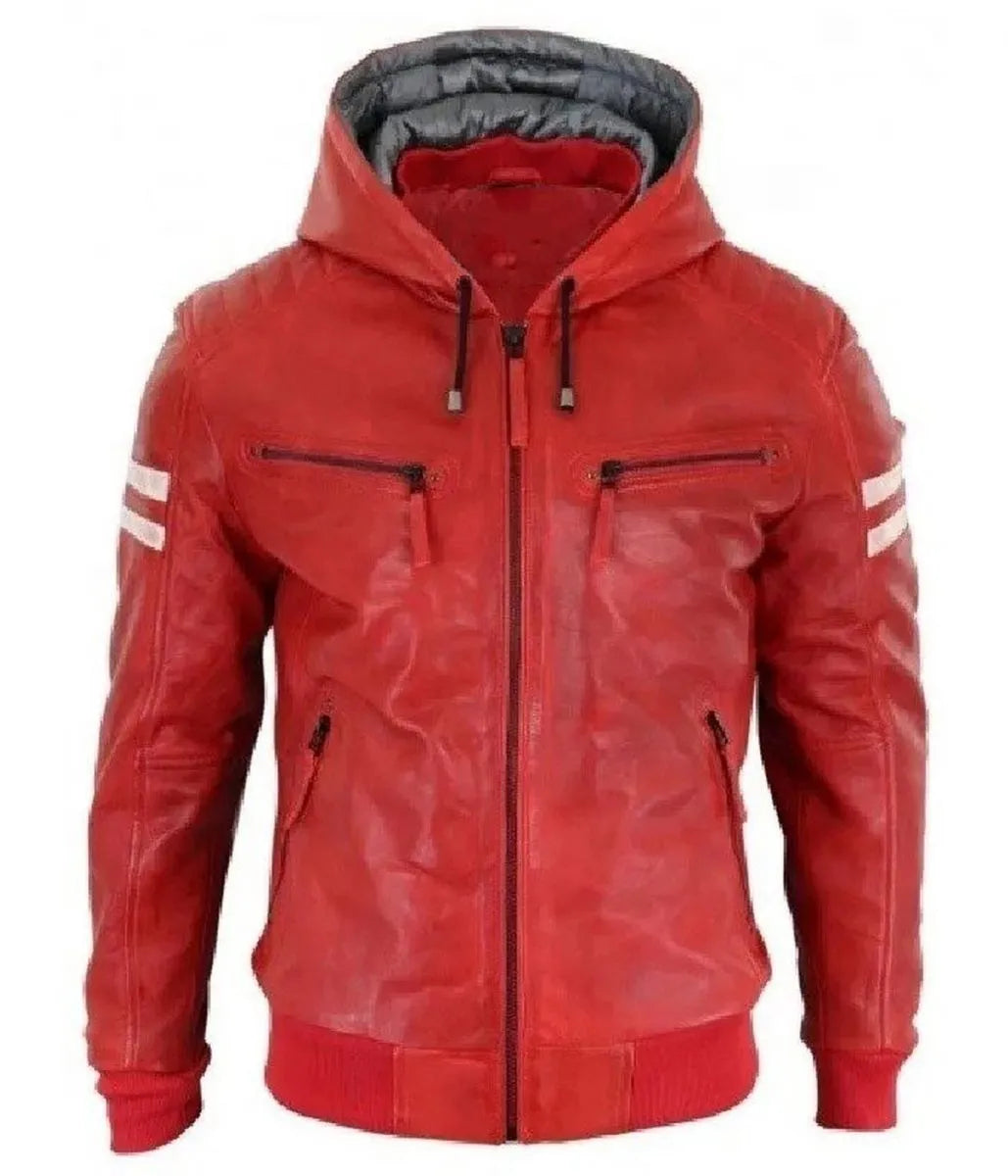 Men’s Bomber Red Leather Biker Hooded Jacket