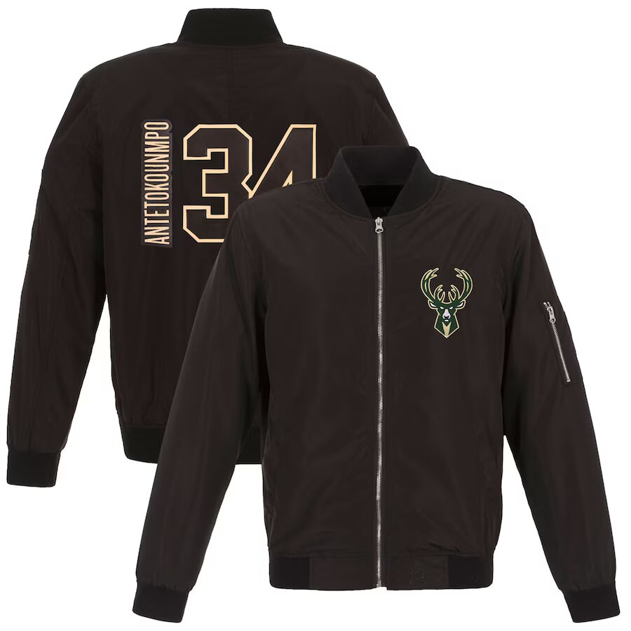 Men's Milwaukee Bucks Giannis Antetokounmpo Fanatics Black Player Full-Zip Bomber Jacket