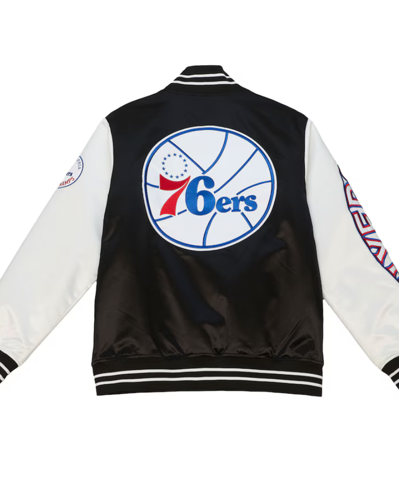 Men’s Philadelphia 76ers Mitchell & Ness Black Team Origins Satin Full-snap Varsity Jacket