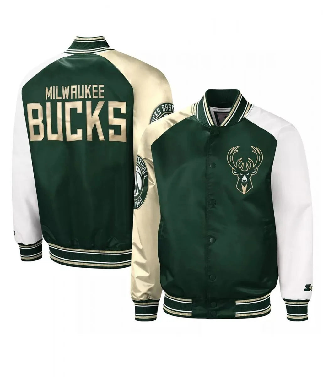 Milwaukee Bucks Hunter Green and Cream Varsity Satin Jacket