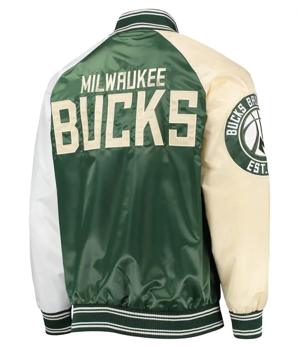 Milwaukee Bucks Hunter Green and Cream Varsity Satin Jacket