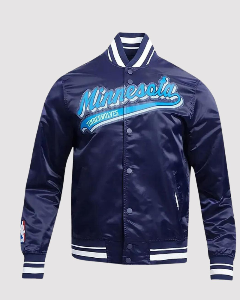 Minnesota Timberwolves Script Tail Navy Satin Varsity Jacket