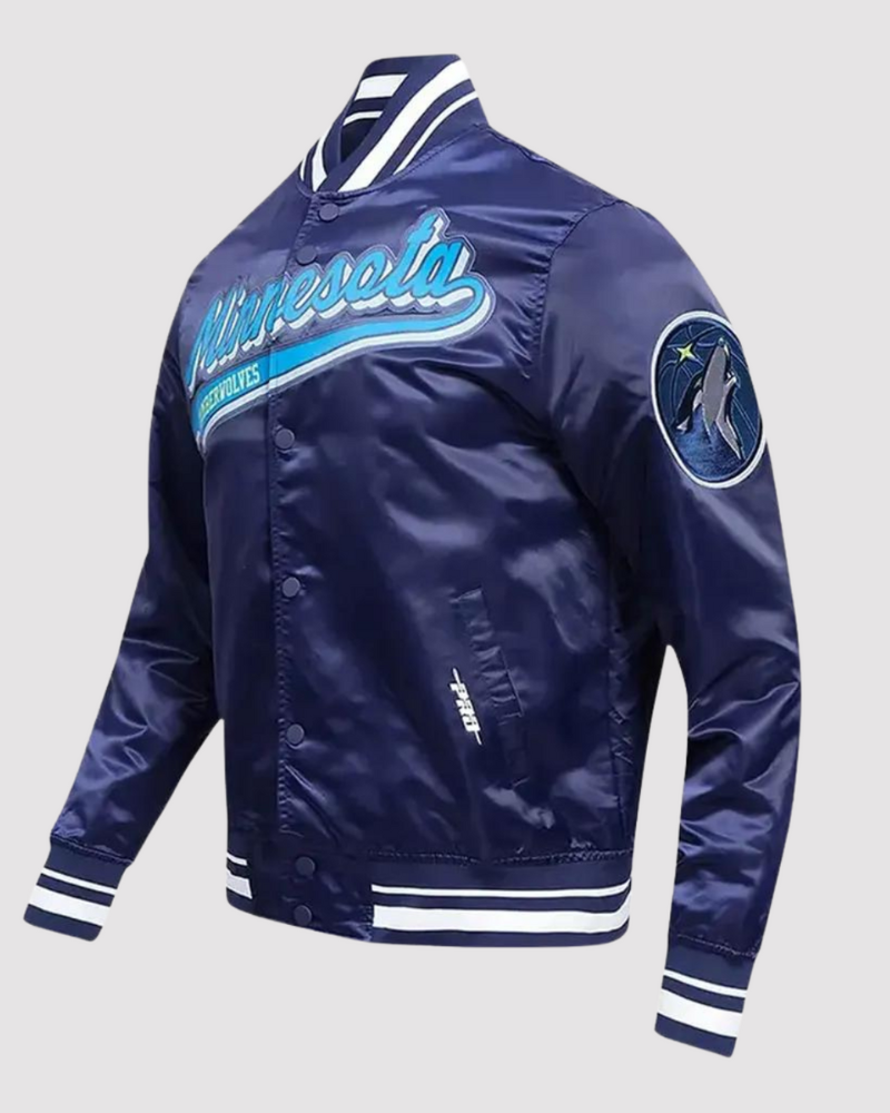 Minnesota Timberwolves Script Tail Navy Satin Varsity Jacket