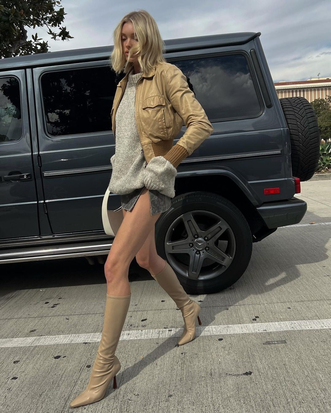 Elsa Hosk Beige Leather Bomber Cropped Jacket