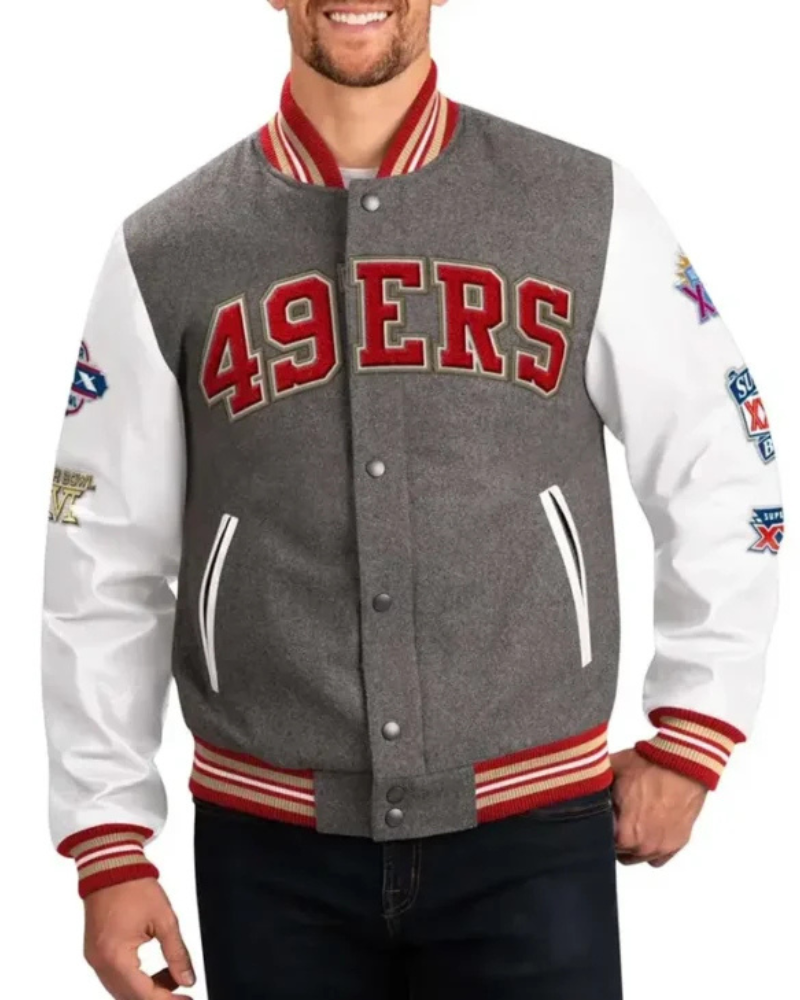 San Francisco 49ers Challenger Grey and White Varsity Jacket