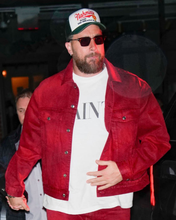 NYCTravisKelceRedWaxedDenimTruckerJackets