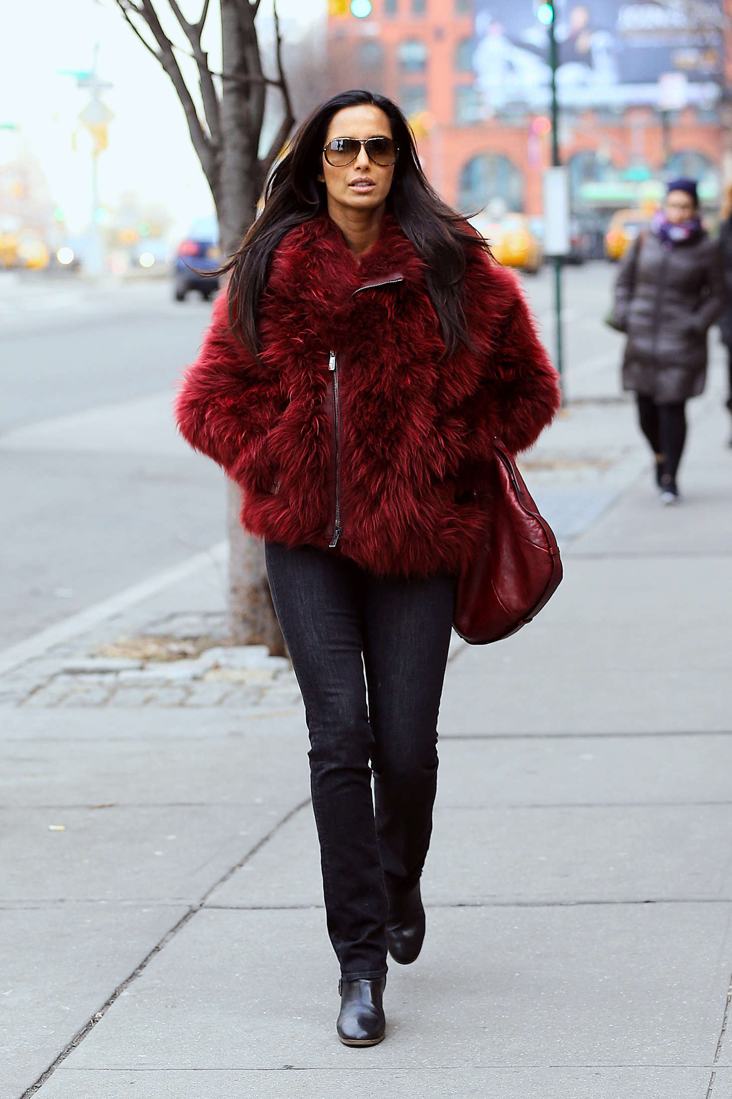 Padma Lakshmi Newyork Red Fur Coat