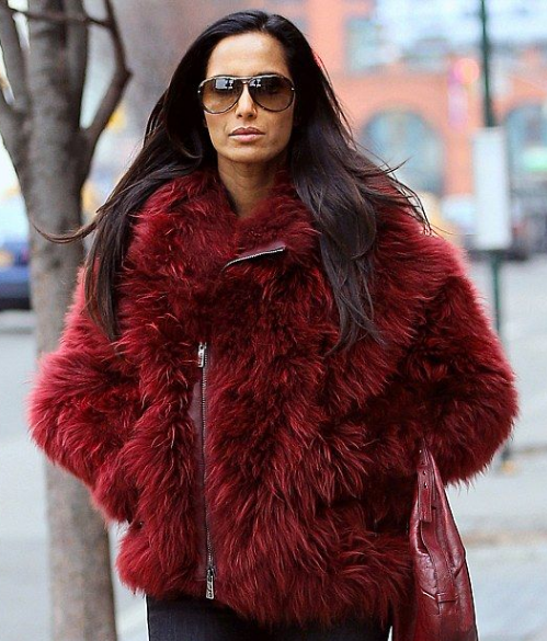 Padma Lakshmi Newyork Red Fur Coat