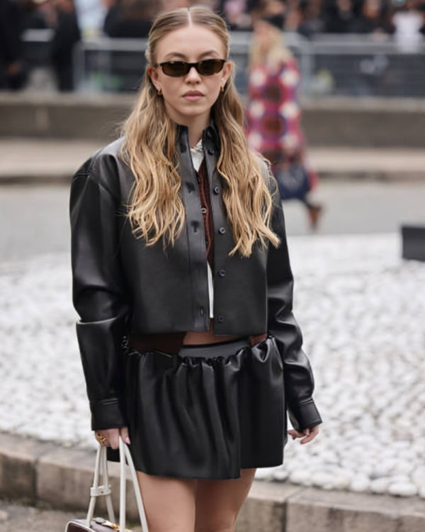 Paris Fashion Week Sydney Sweeney Black Leather Jacket