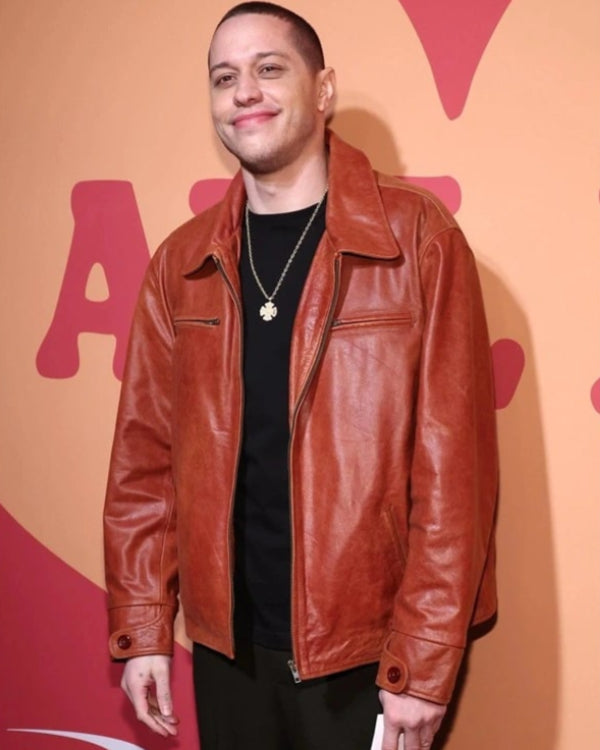 Pete-Davidson-Brown-Leather-Jacket