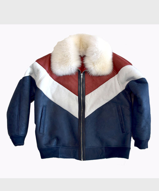 Red, White And Blue Sheepskin Bomber Jacket