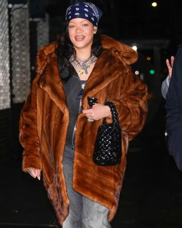 RihannaNYCBrownFurHoodedCoat