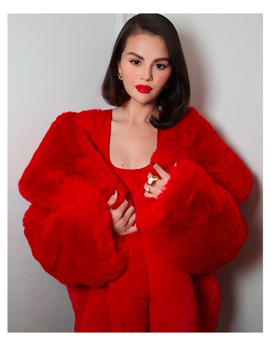 Selena Gomez London Event Red Fur Coat