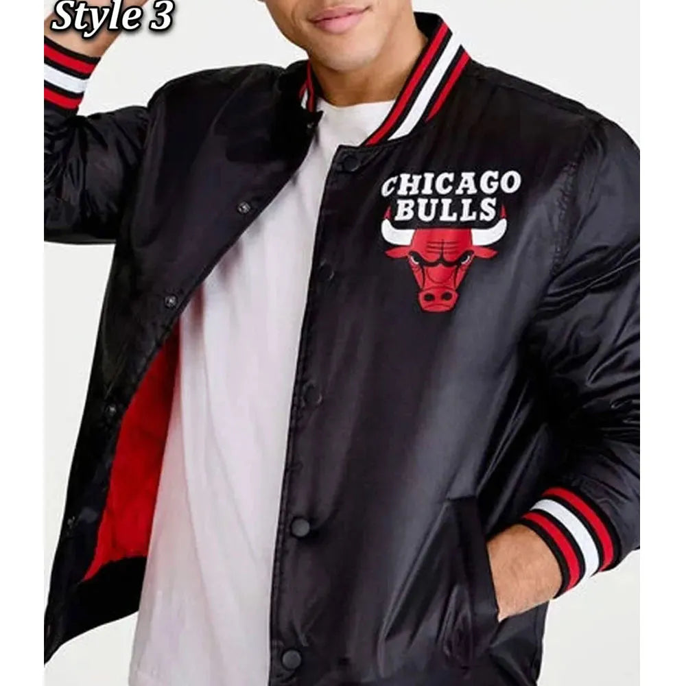 Starter Chicago Bulls Black Satin Bomber Jacket