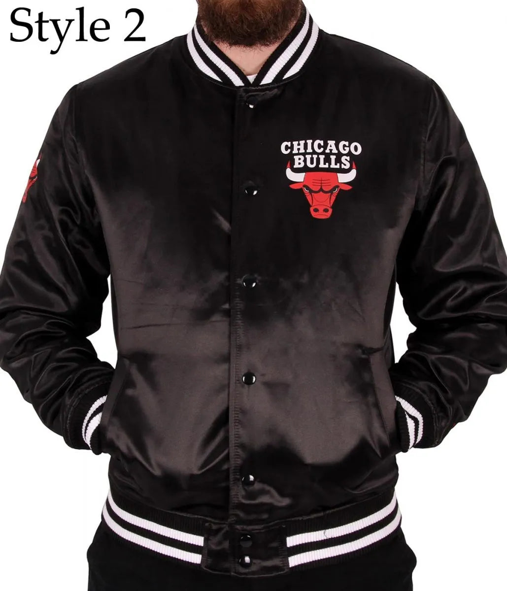 Starter Chicago Bulls Black Satin Bomber Jacket
