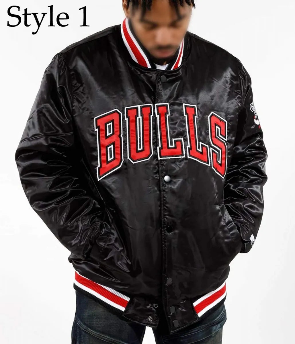Starter Chicago Bulls Black Satin Bomber Jacket
