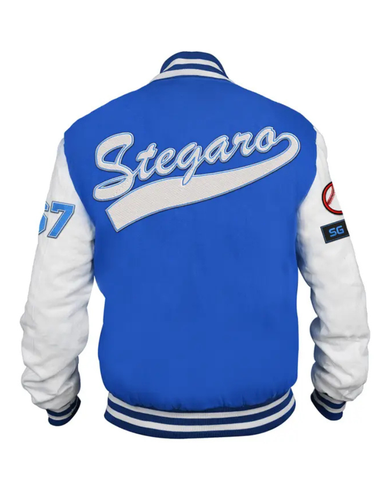 StegaroBlueAndWhiteLettermanVarsityJacket