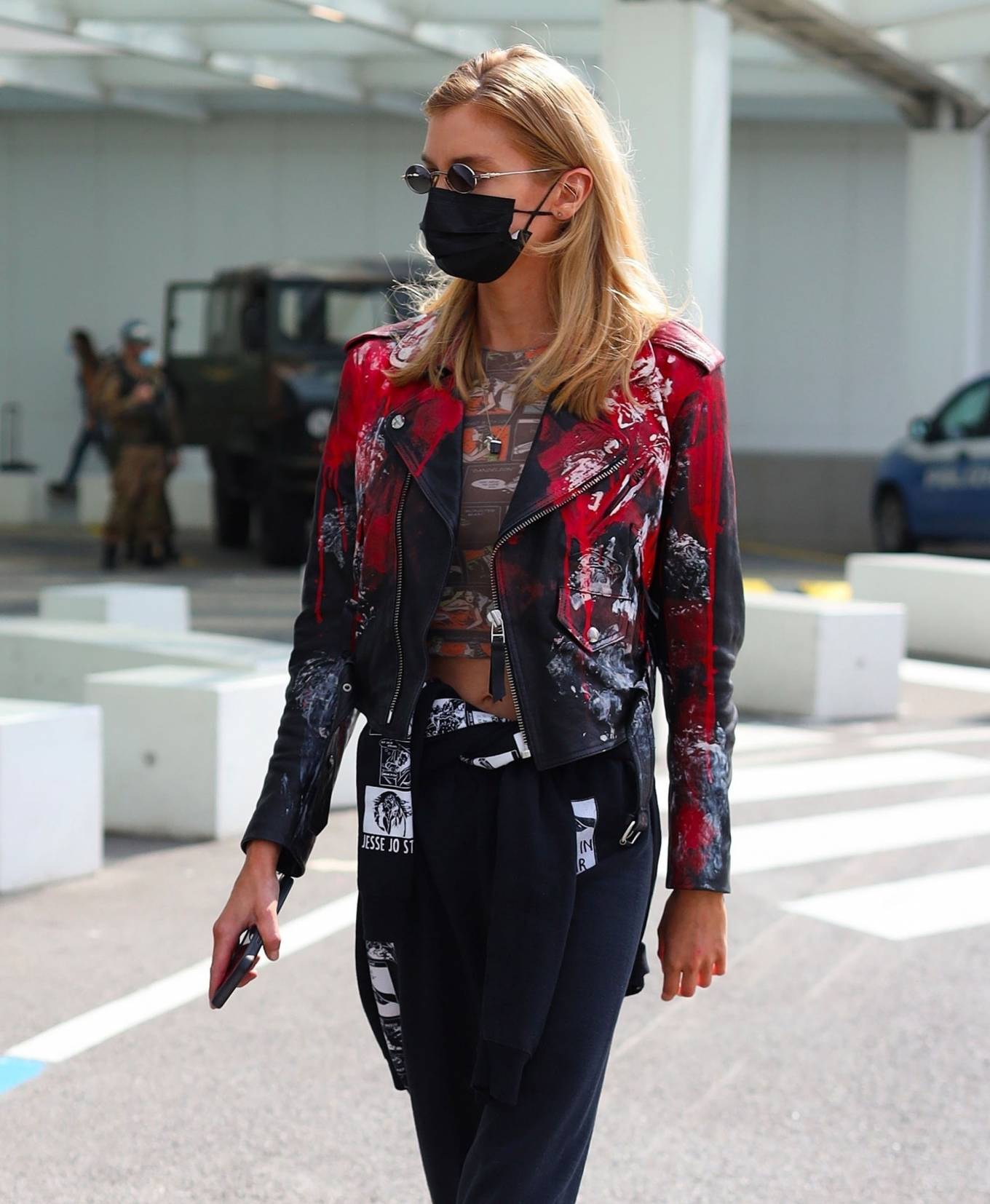 Stella Maxwell Black And Red Printed Leather Jacket
