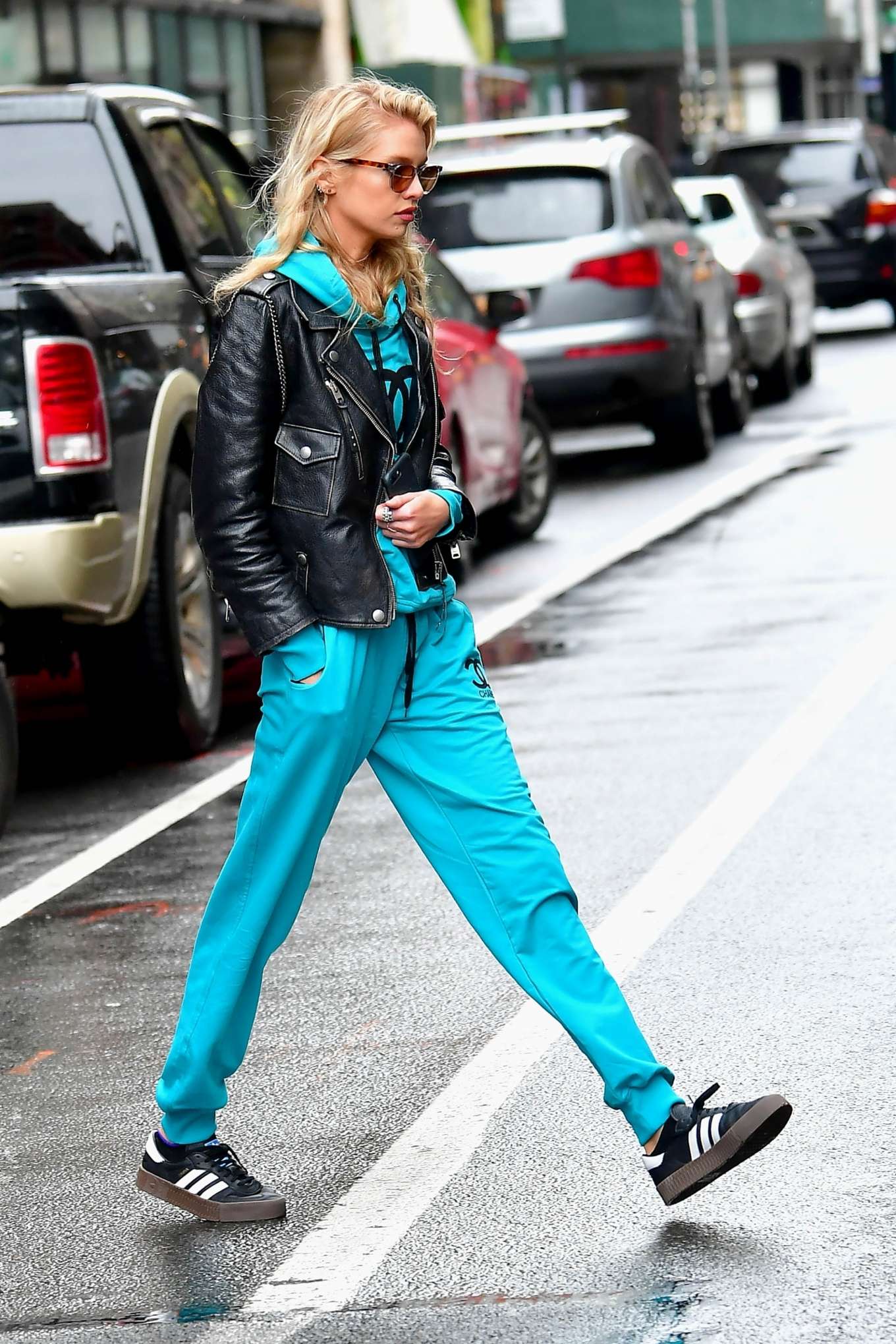 Stella Maxwell Out In New York Black Leather Jacket