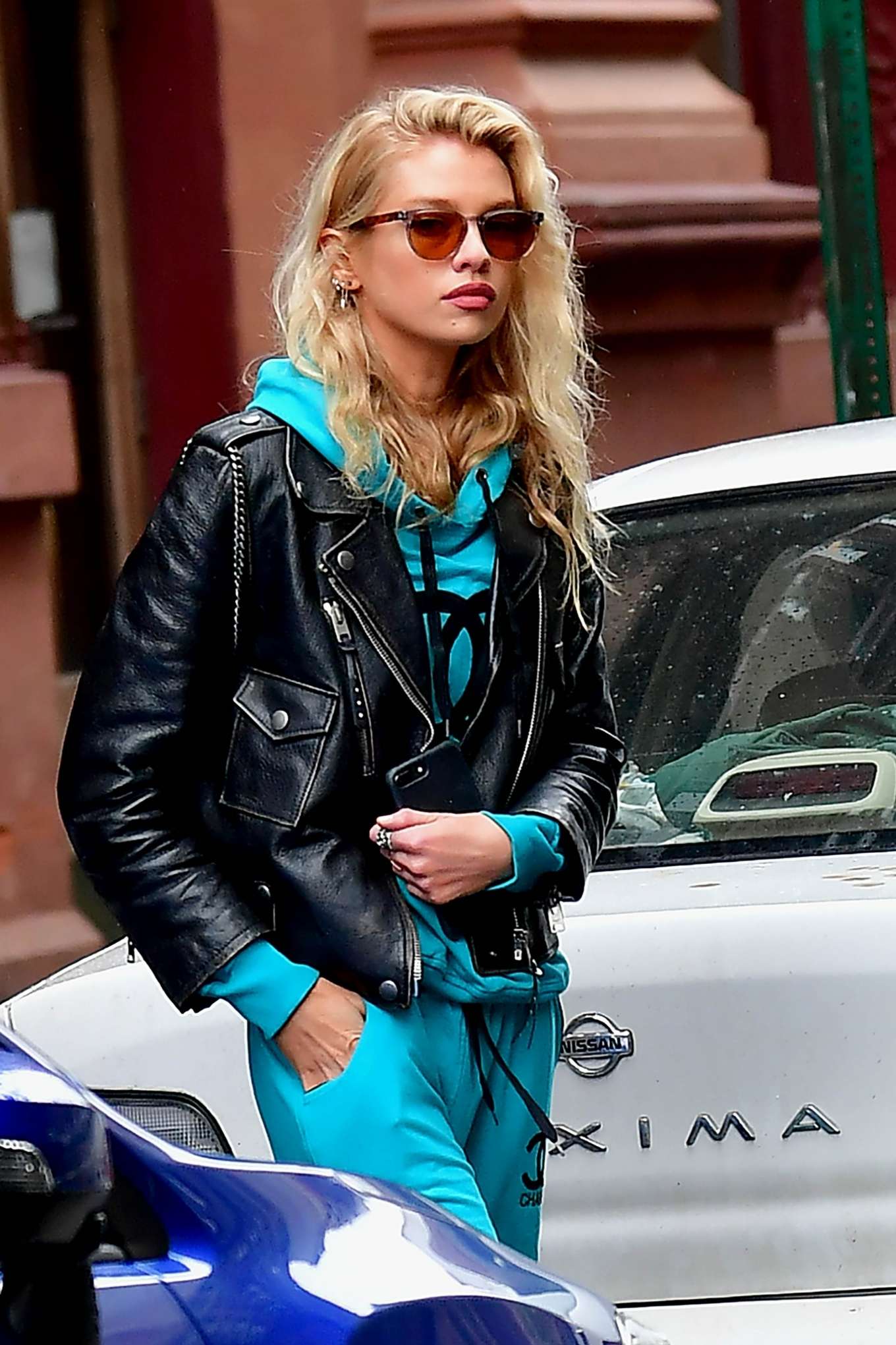 Stella Maxwell Out In New York Black Leather Jacket