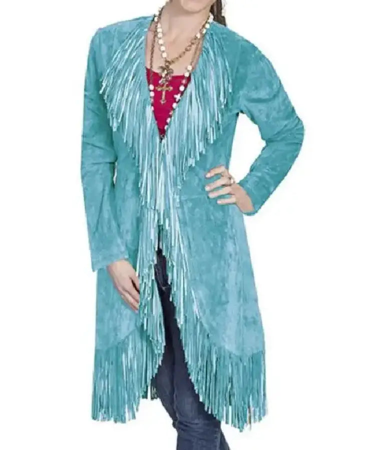 The Voice S28 Reba McEntire Blue Suede Fringe Coat
