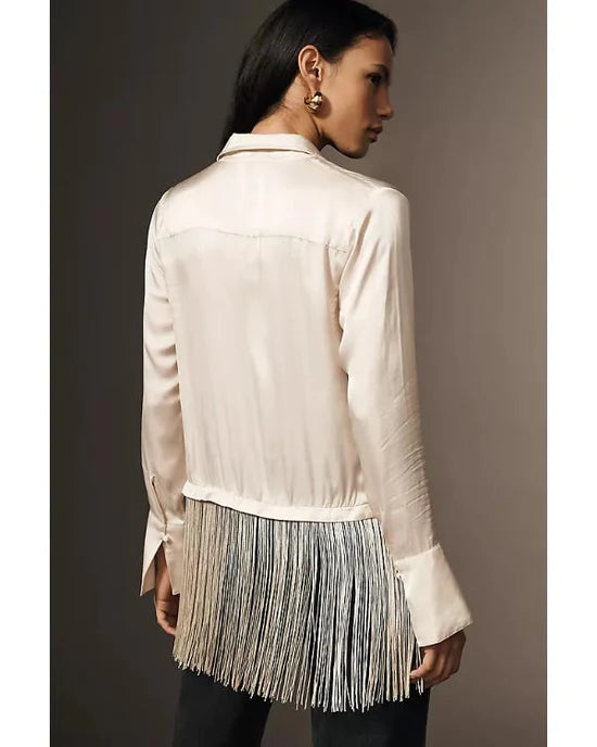 The Today Show 2025 Hoda Kotb White Satin Fringed Shirt