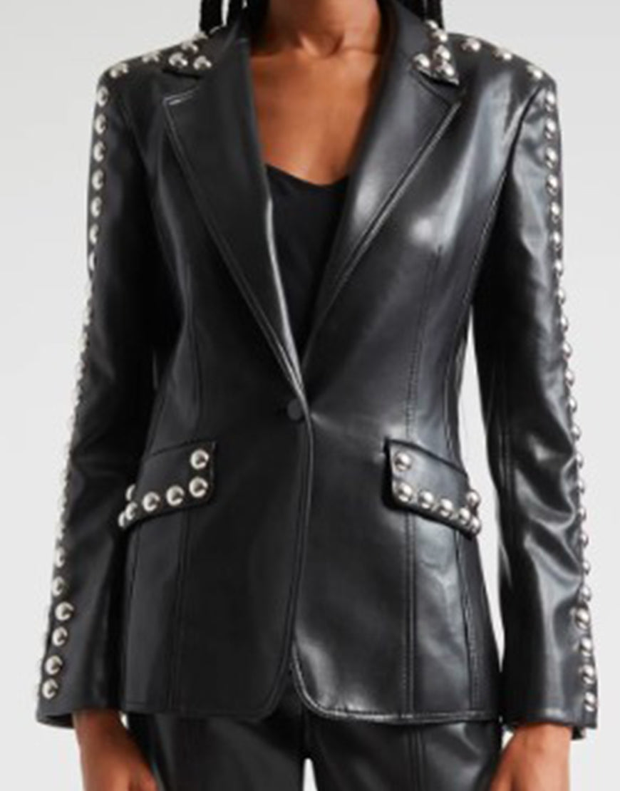 TheVoiceS26RebaMcEntireBlackStuddedLeatherBlazer