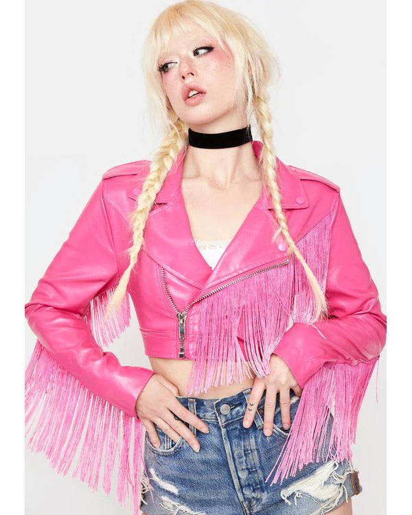 The Voice S27 Hailey Wright Pink Fringe Leather Jacket