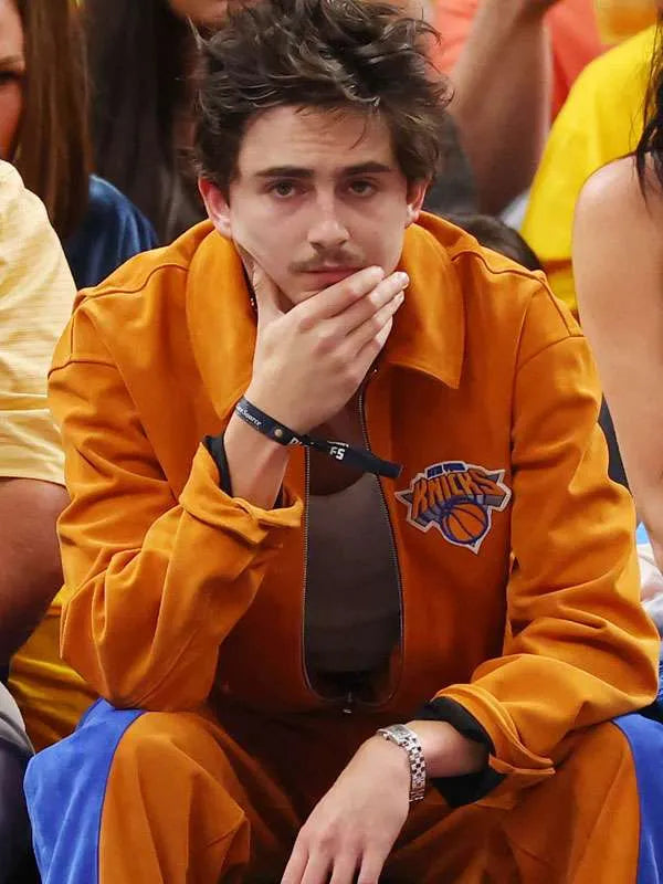 Timothée Chalamet Knicks Game Orange Jacket