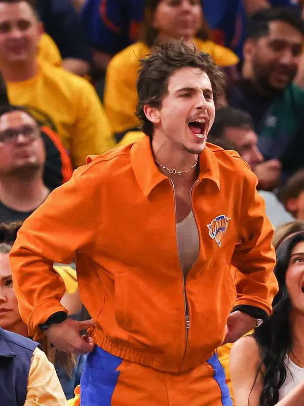 Timothée Chalamet Knicks Game Orange Jacket