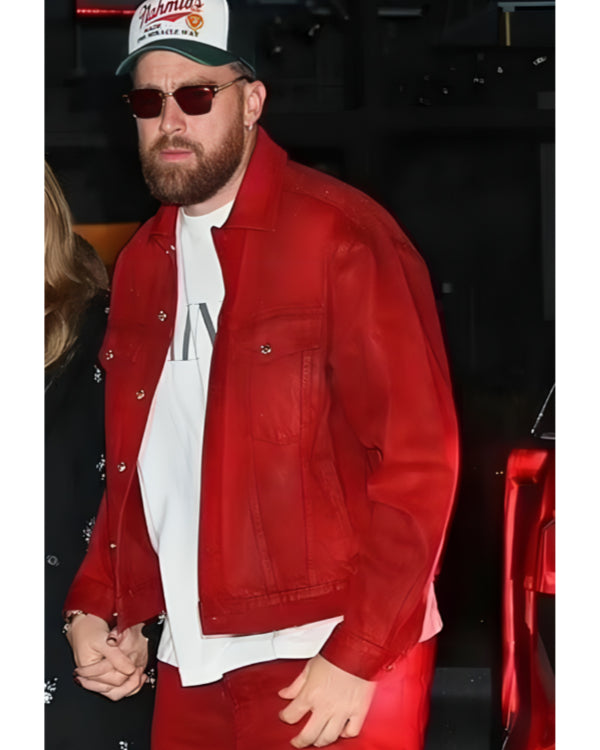 TravisKelceRedWaxedTruckerJacket