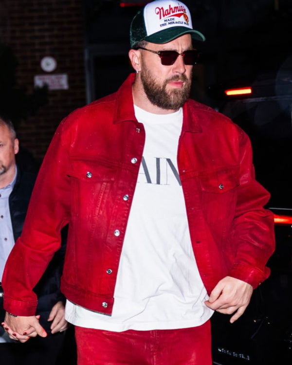 TravisKelceRedWaxedTruckerJackets