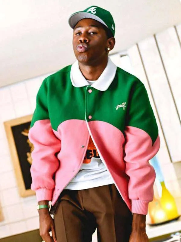 TylerTheCreatorGreen_PinkGolfCowboyVarsityJacket