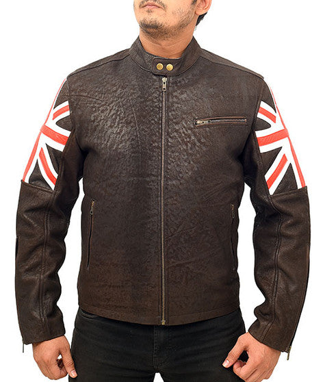 Union Jack UK Flag Logo Cafe Racer Leather Jacket