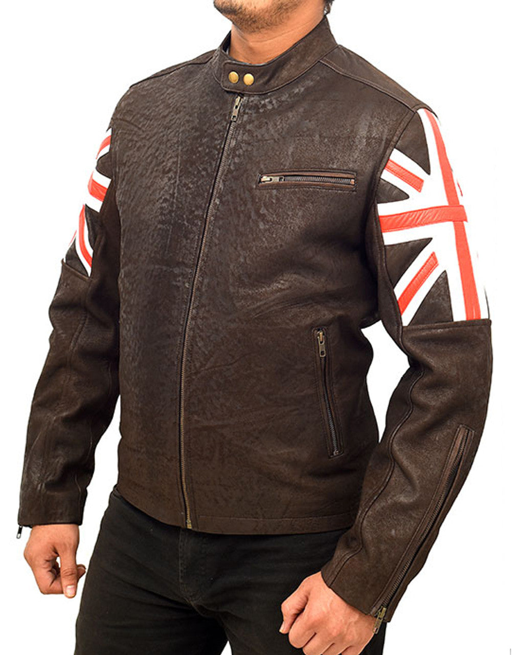 Union Jack UK Flag Logo Cafe Racer Leather Jacket
