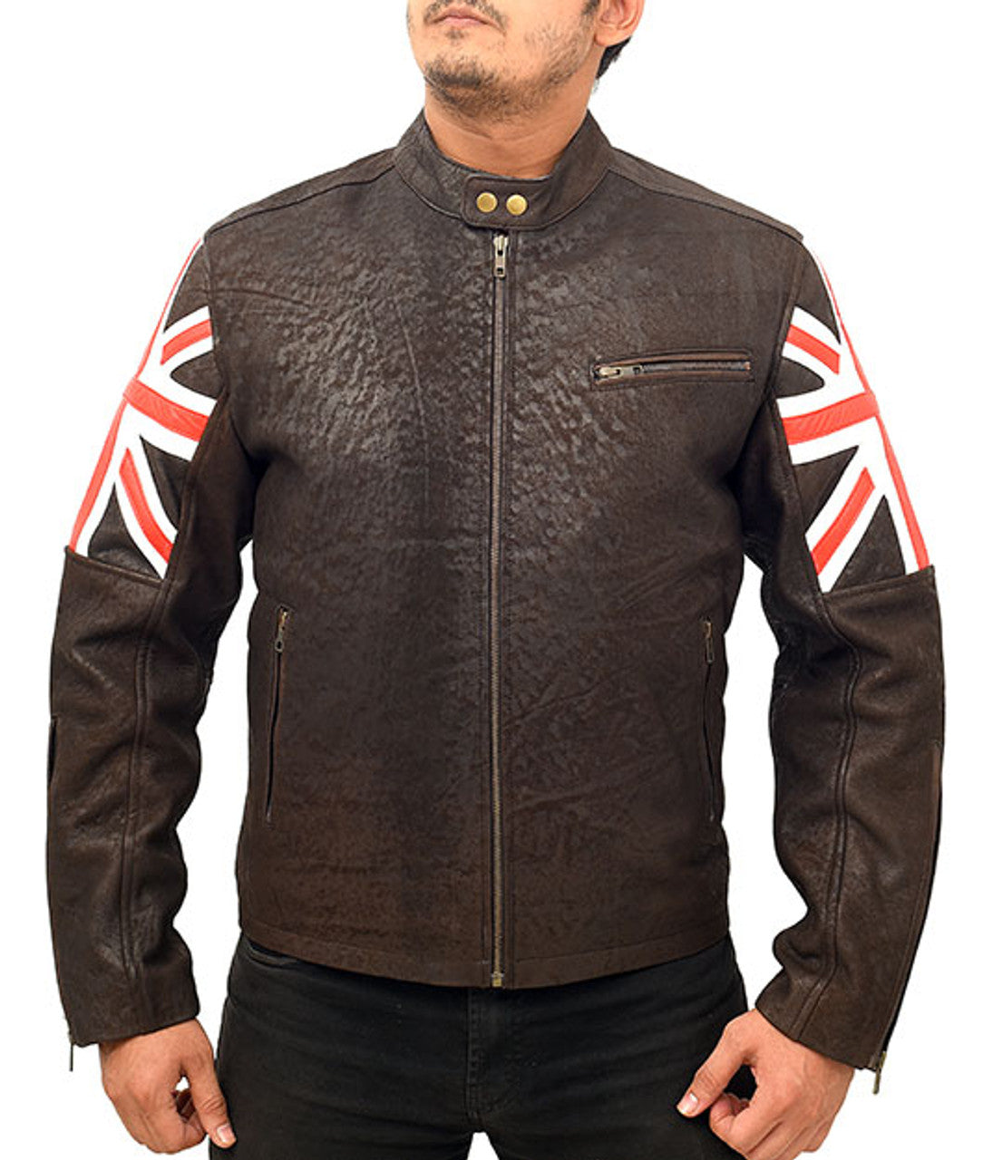 Union Jack UK Flag Logo Cafe Racer Leather Jacket