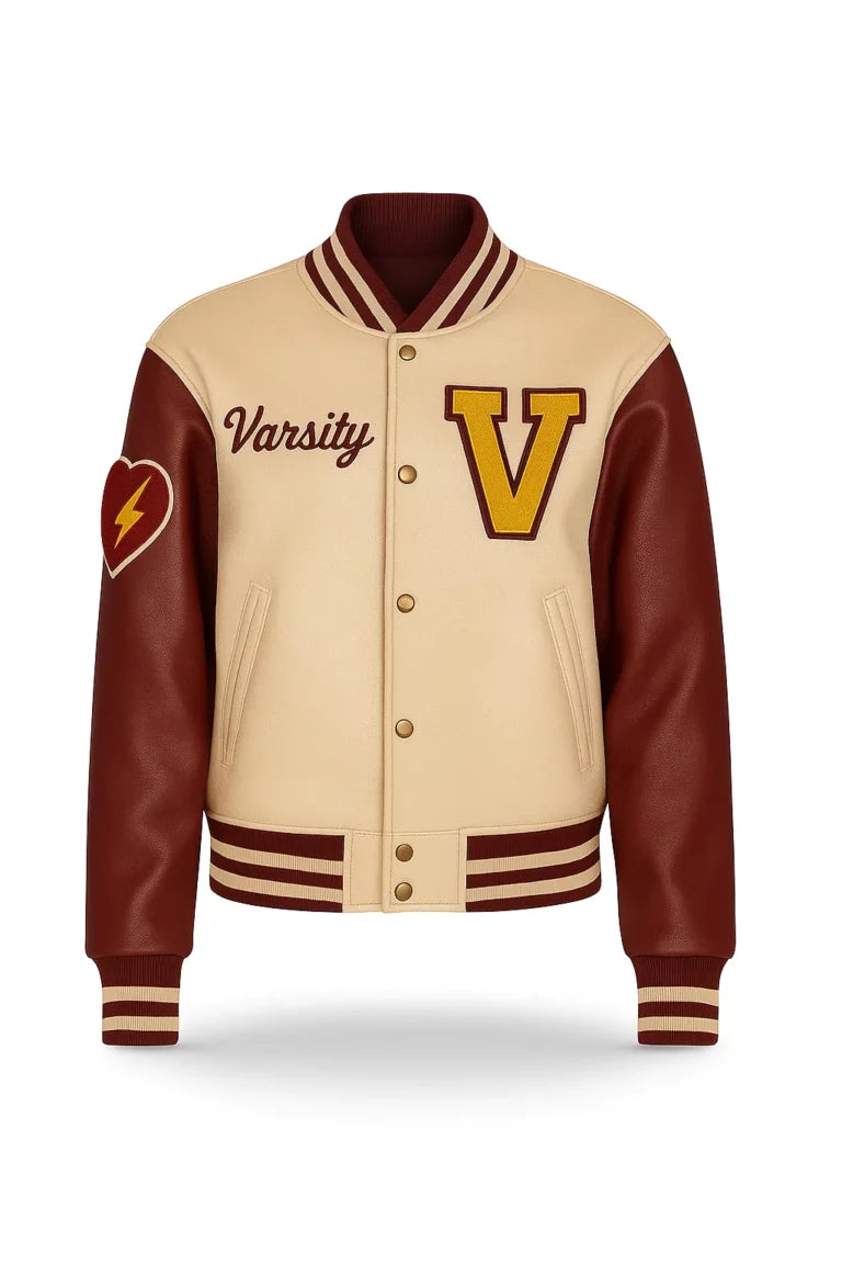 Unisex V Patch Beige Wool Varsity Leather Jacket