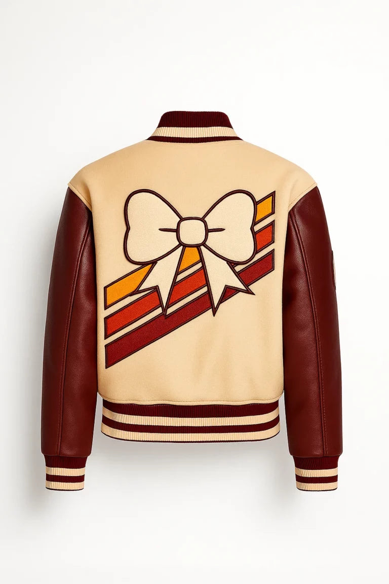 Unisex V Patch Beige Wool Varsity Leather Jacket